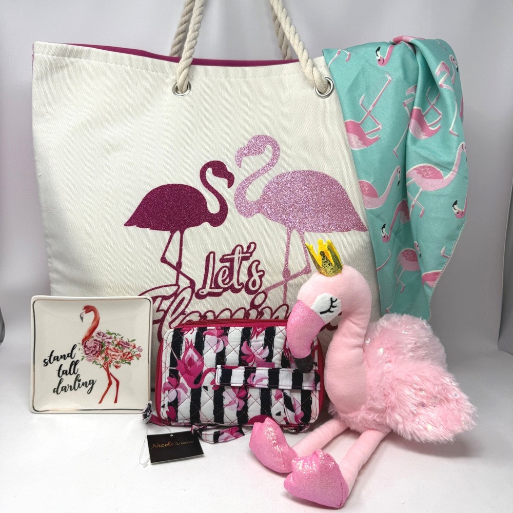 Flamingo Gift‎ Bundle Tote Wristlet Plush Scarf Trinket Dish Set 5pc Pink Teal